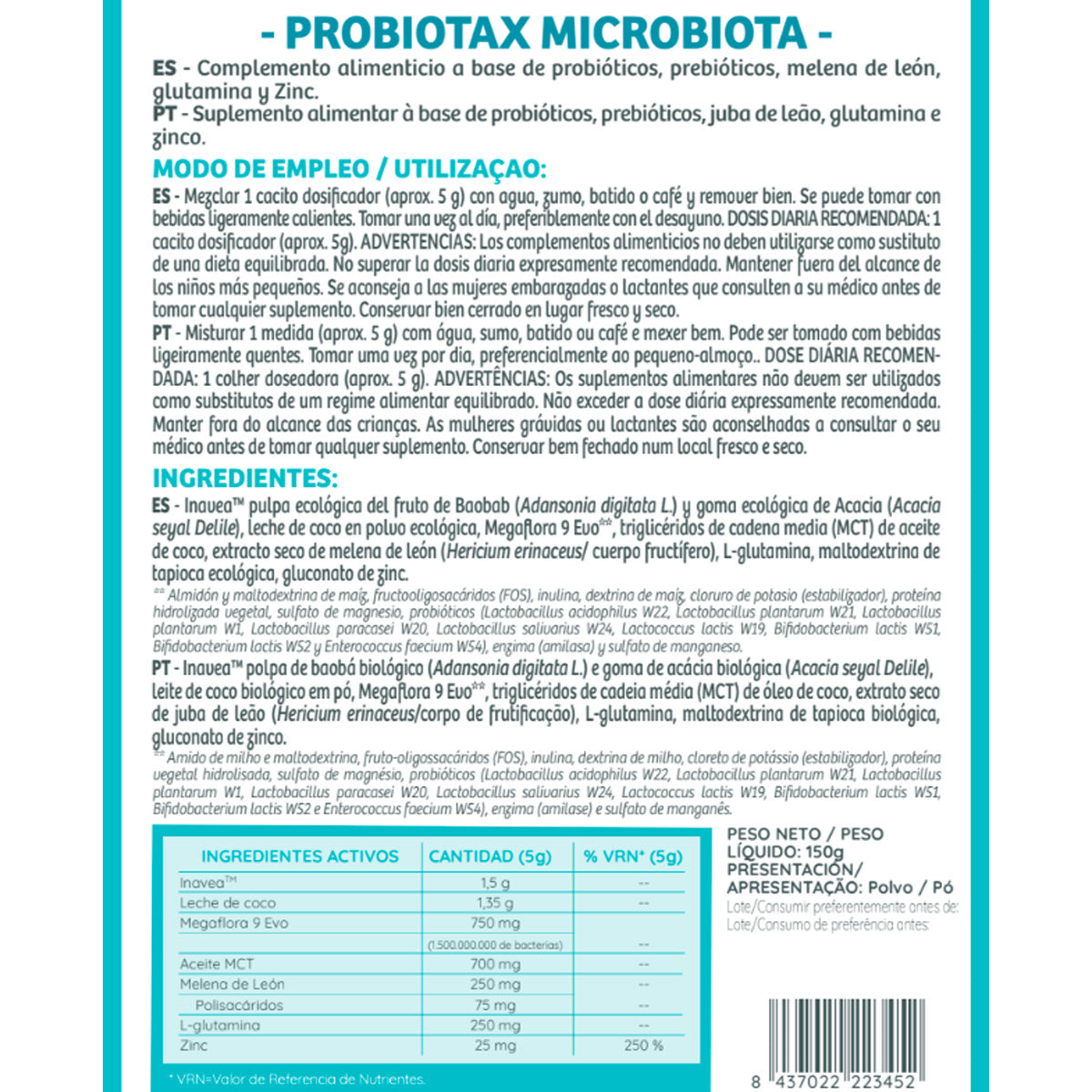 Probiotax Microbiote avec probiotiques et prébiotiques WeBotanix 150 g