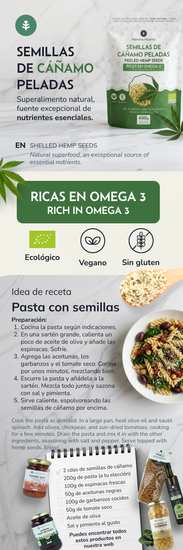 Graines de chanvre décortiquées ECO Planeta Huerto 400 g