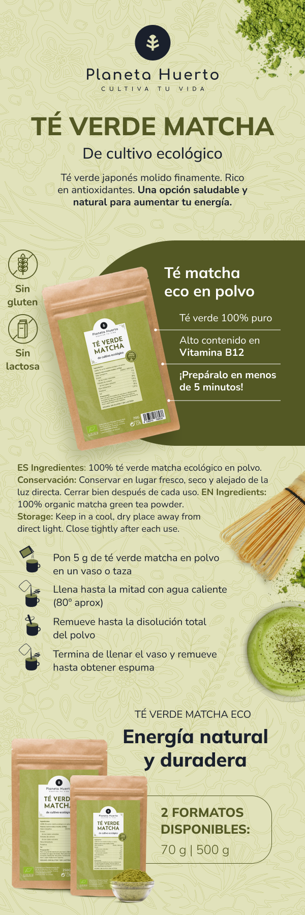 Thé Matcha en poudre ECO Planeta Huerto 500 g